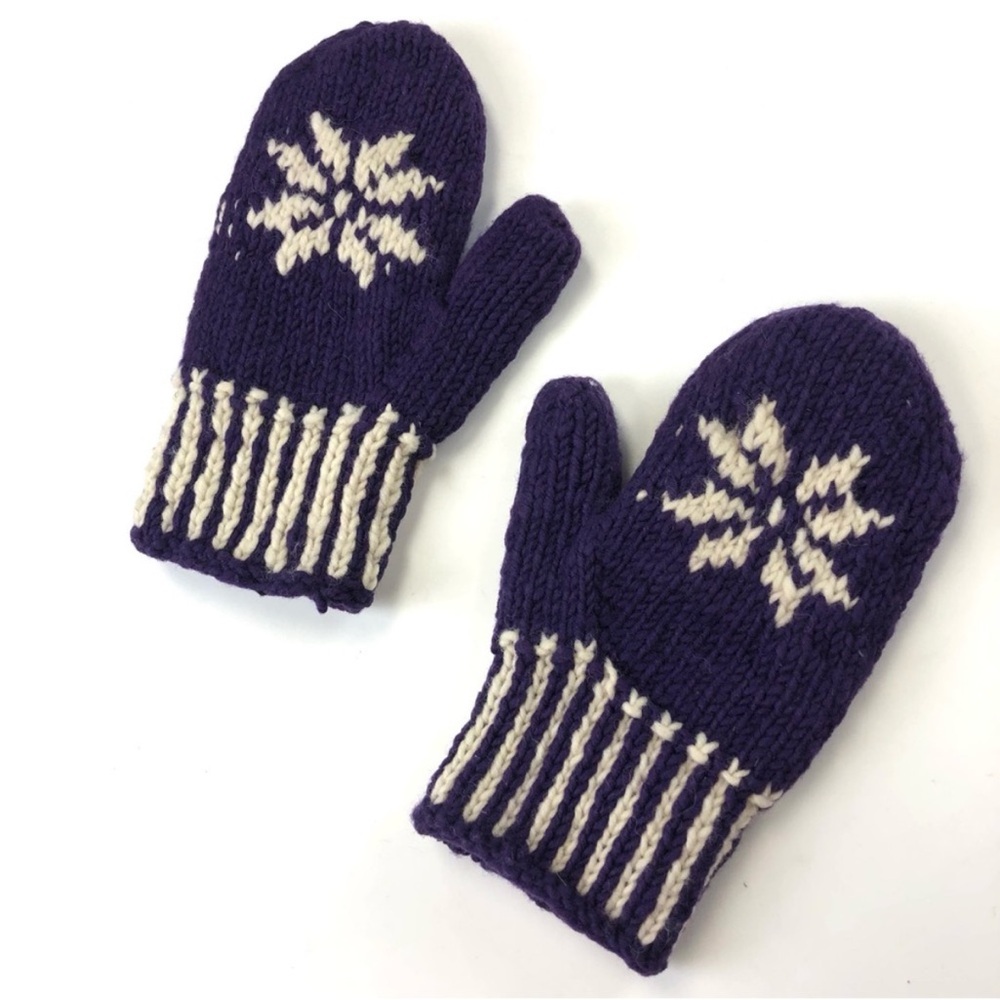 Purple white Nepalese Alpine snowflake 100% wool knit mitts Medium Large
